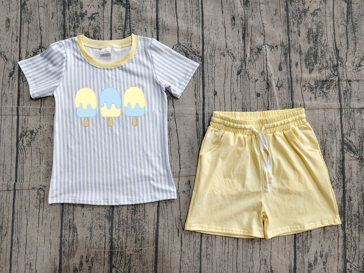 Boys Popsicle Print Outfit - Blue Stripe Tee & Yellow Drawstring Shorts Set Preorder