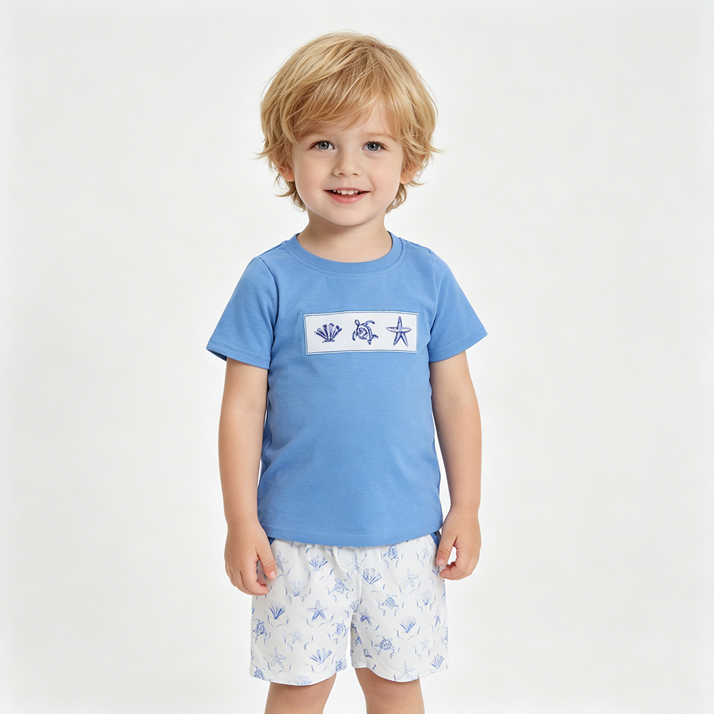 BSSO1979 Sea Turtle Embroidery Blue Top Pockets Shorts Boys Summer Clothes Set