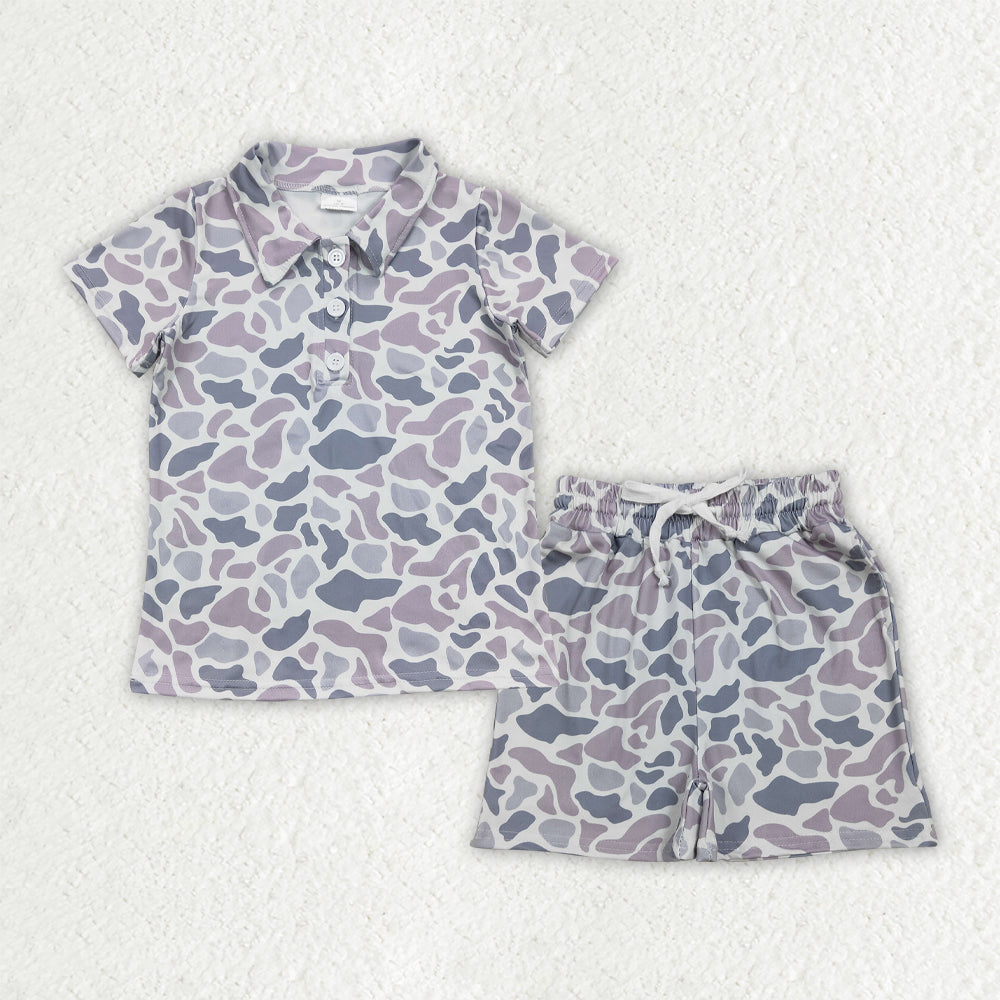 BSSO1986 Grey Camo Polo Top Pockets Shorts Boys Summer Clothes Set