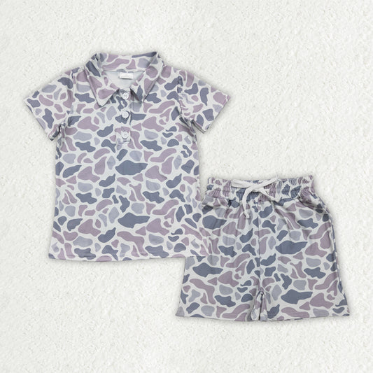 BSSO1986 Grey Camo Polo Top Pockets Shorts Boys Summer Clothes Set