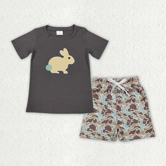 BSSO1987 Bunny Embroidery Top Camo Pockets Shorts Boys Easter Clothes Set