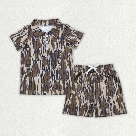 BSSO1997 Camo Print Polo Top Pockets Shorts Boys Summer Clothes Set