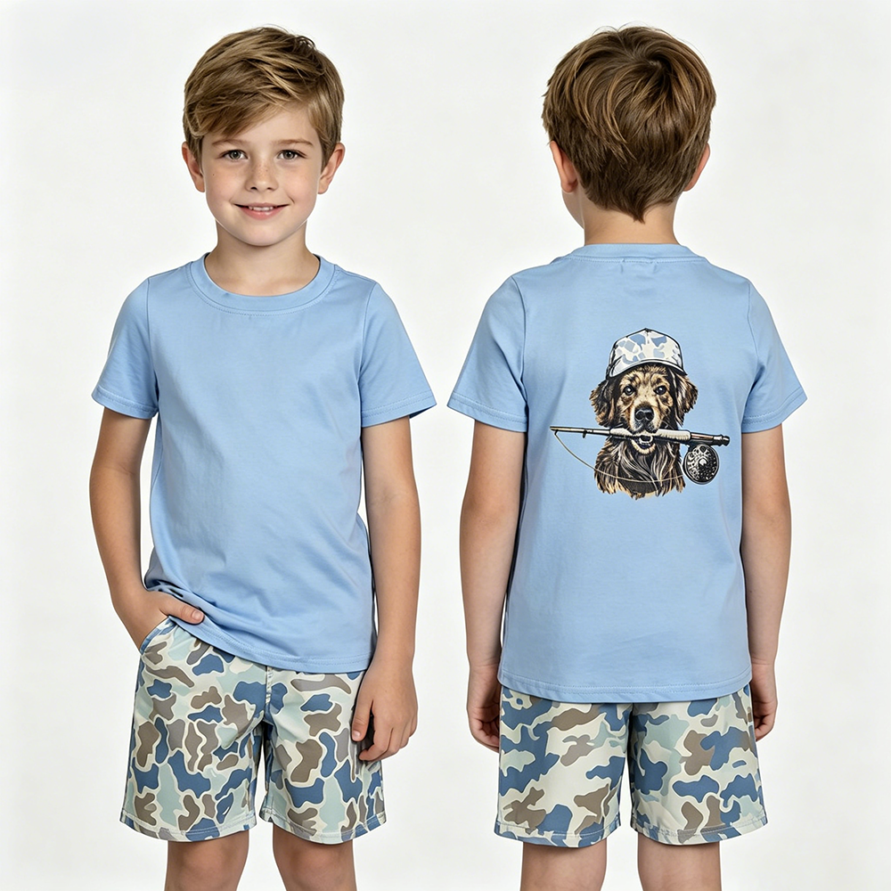 BT1761 Hunting Dog Blue Print Boys Short Sleeve Tee Shirts Top