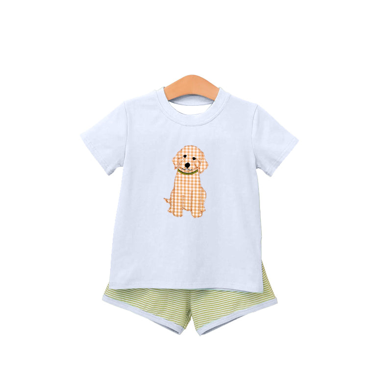 3.21 BSSO2002 Preorder Dog Blue Top Stripes Shorts Boys Summer Clothes Set