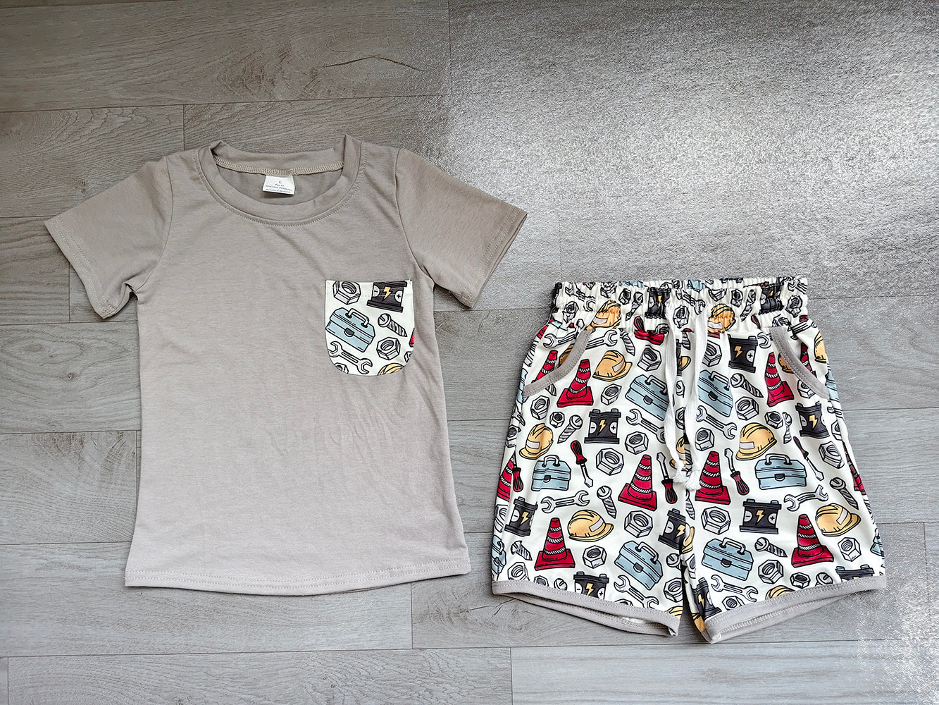 3.23  BSSO2005 Grey Pocket Top Tool Shorts Boys Summer Clothes Set