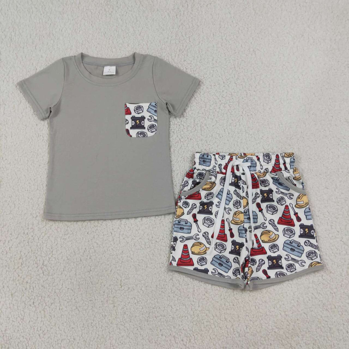 BSSO2005 Grey Pocket Top Tool Shorts Boys Summer Clothes Set