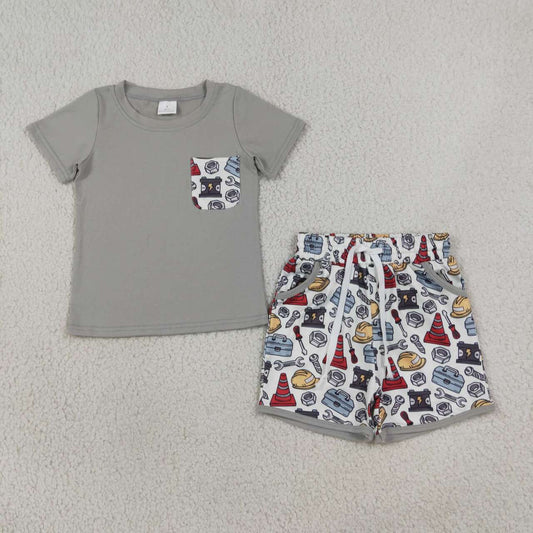 BSSO2005 Grey Pocket Top Tool Shorts Boys Summer Clothes Set