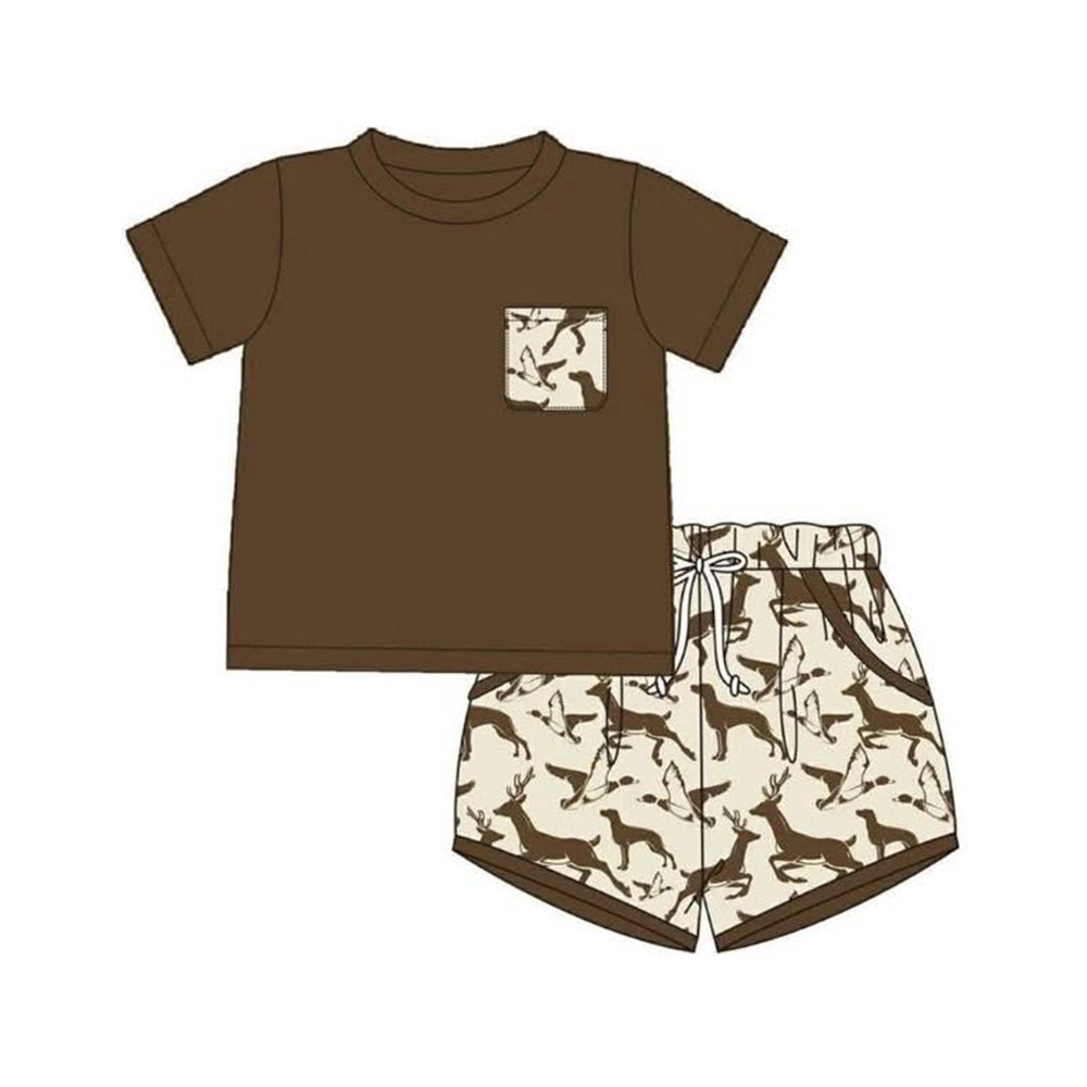 3.23  Baby Boys Brown Short Sleeve Top with Hunting Deer Duck Dog Shorts Outfit Preorder