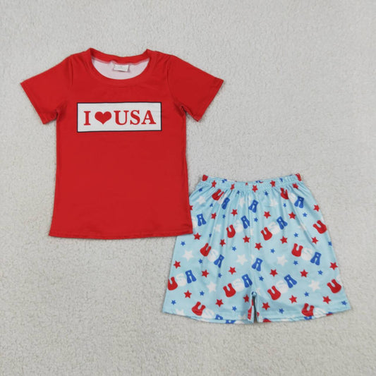 I LOVE USA Red Top Stars Shorts Boys 4th of July Clothes Set