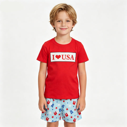 I LOVE USA Red Top Stars Shorts Boys 4th of July Clothes Set