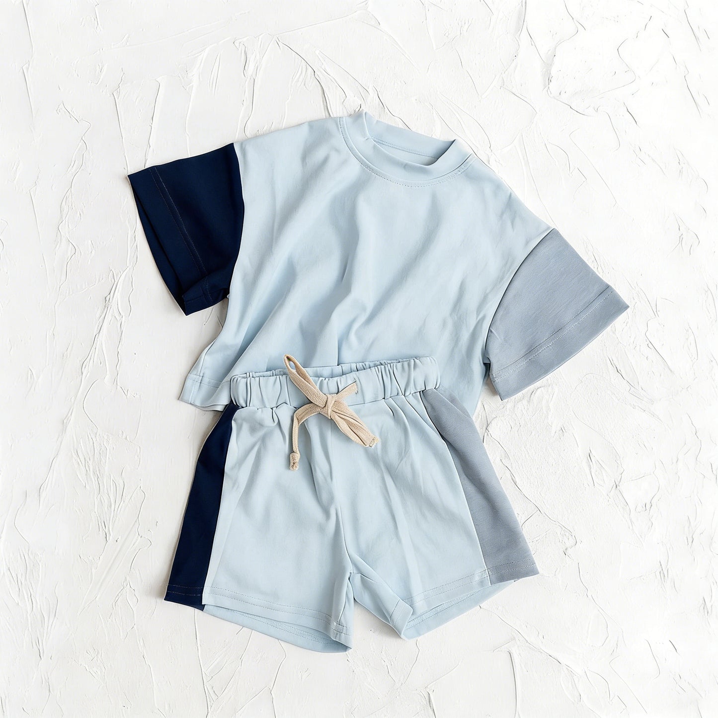 3.25 BSSO2013 Baby Boys Blue Patchwork Short Sleeve Shirt Top Short Clothes Set Preorder