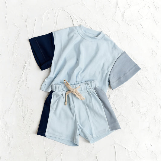 3.25 BSSO2013 Baby Boys Blue Patchwork Short Sleeve Shirt Top Short Clothes Set Preorder