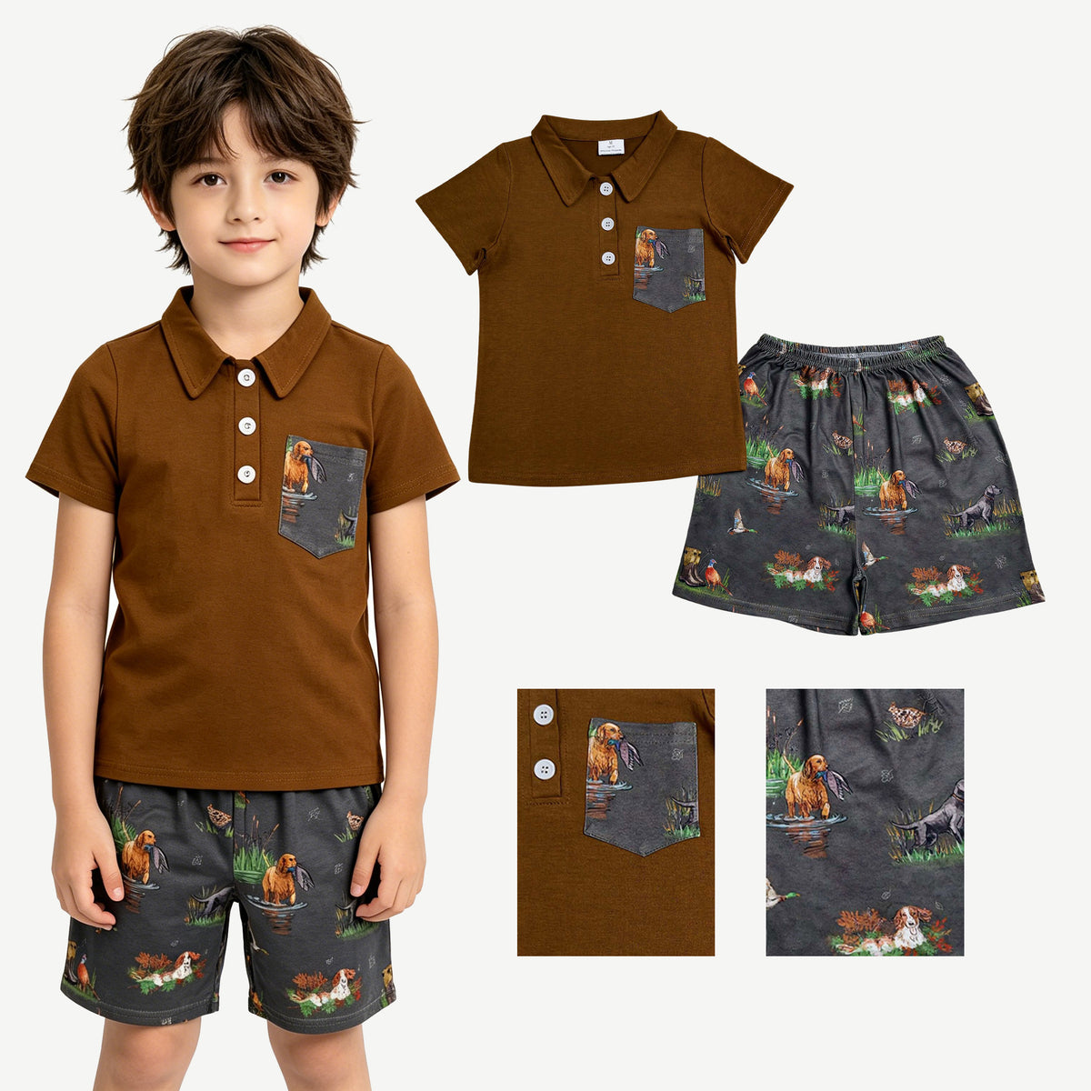 BSSO2014 Toddler Boys Brown Polo Shirt & Hunting Print Shorts Set
