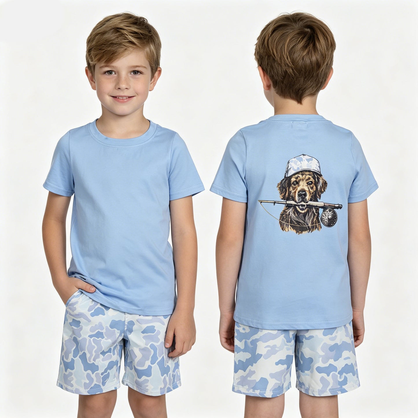 BSSO2015 Dog Fishing Top Blue Camo Shorts Boys Summer Clothes Set