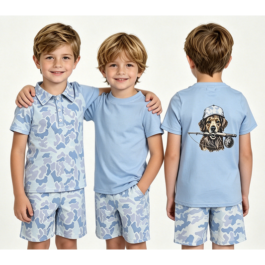Blue Camo Hunting Shorts Boys Summer Clothes Set Brothers Wear