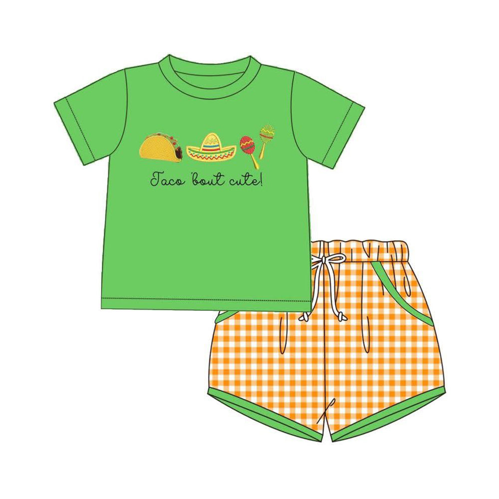4.2 Toddler Boy Taco Bout Cute  Outfit, Green Mexican Fiesta Short Set Preorder