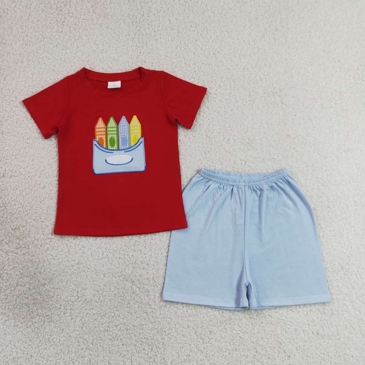 BSSO2023 Pen Embroidery Red Top Blue Shorts Boys Back to School Cotton Clothes Set