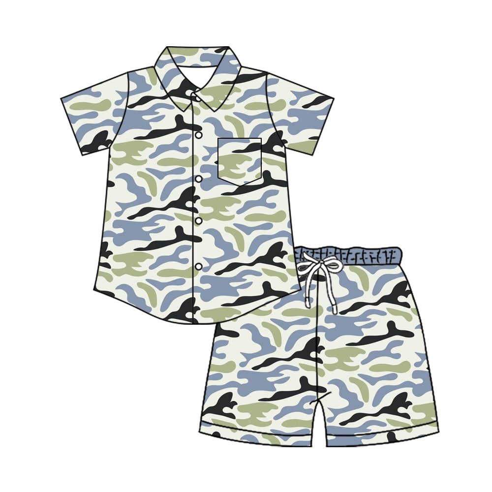 4.8 BSSO2027 Preorder Green Grey Camo Button Top Shorts Boys Summer Clothes Set