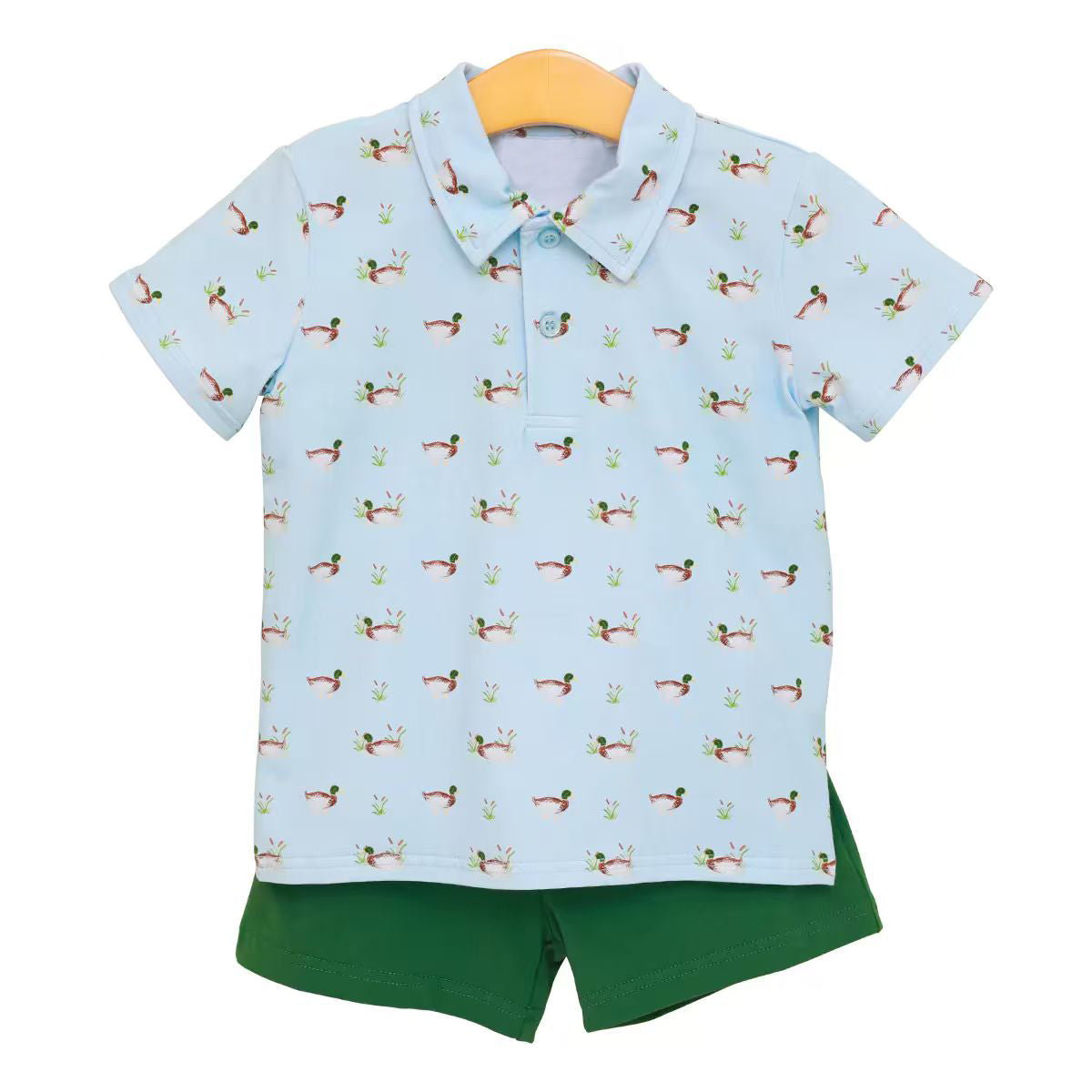6.29 Preorder BSSO2041 Baby Boys Mallard Duck Short Sleeve Polo Short With Green Shorts Outfit