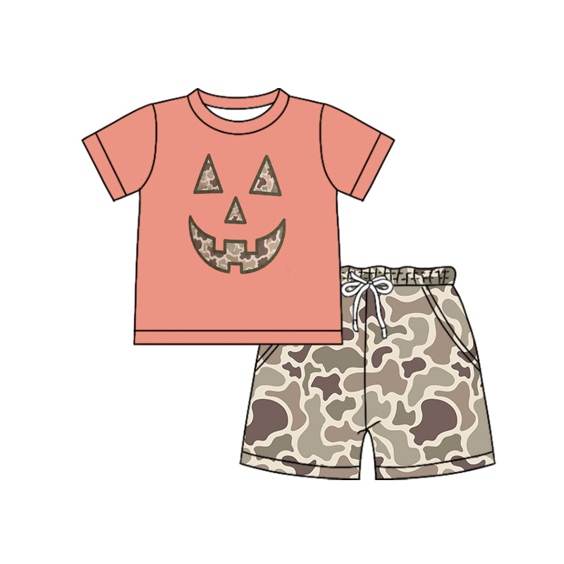 8.18 Preorder BSSO2042 Baby Boys Halloween Pumpkin Face Camo Shorts Set