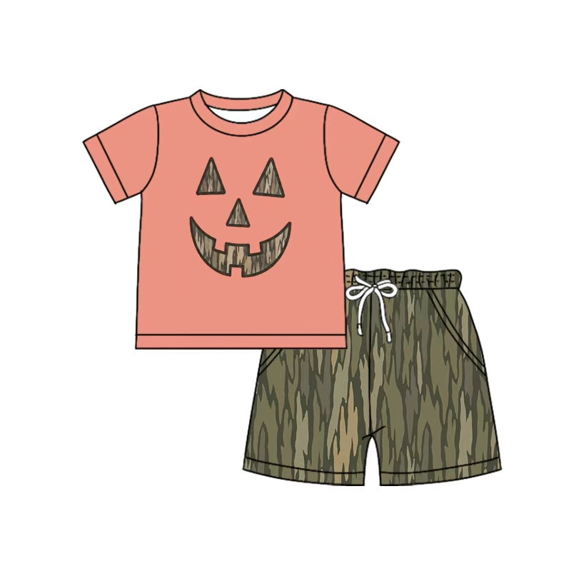 8.18 Preorder BSSO2043 Baby Boys Halloween Pumpkin Face Green Camo Shorts Set