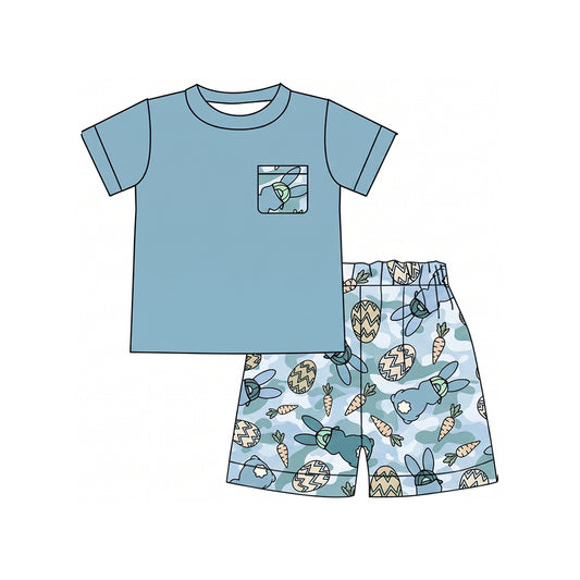 9.3 BSSO2045 Preorder Blue Pocket Top Bunny Eggs Carrots Camo Shorts Boys Easter Clothes Set
