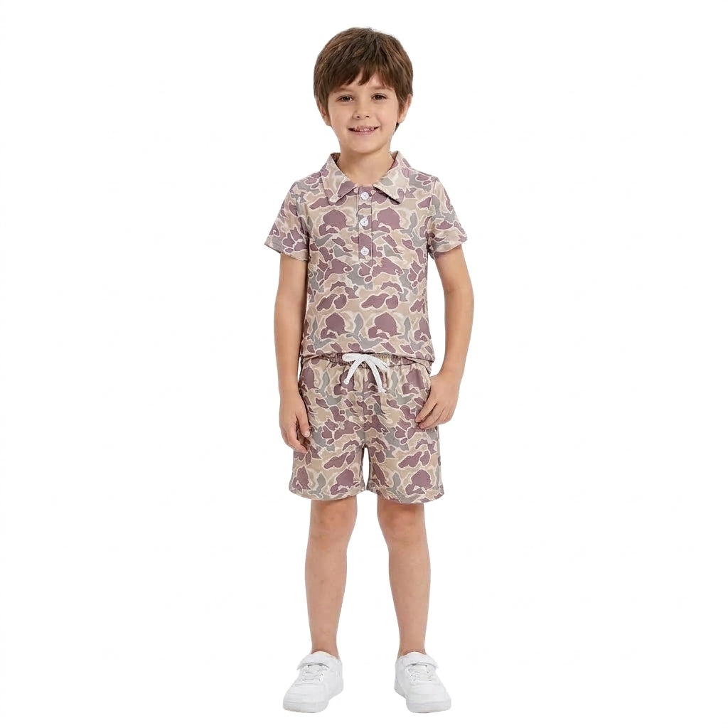 BSSO2046 Baby Boys Khaki Camo Polo Shirt Drawsrting Shorts Outfit