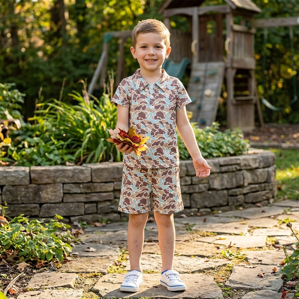 BSSO2047 Baby Boys Green Camo Polo Shirt Drawsrting Shorts Outfit