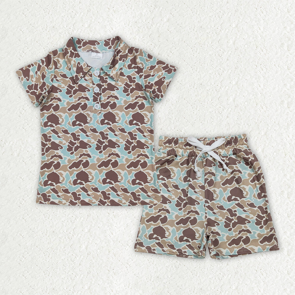 BSSO2047 Baby Boys Green Camo Polo Shirt Drawsrting Shorts Outfit