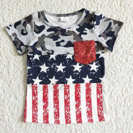 (Promotion)BT0008 Stars Stripes Camo Print Kids 4th of July Pocket Short Sleeve T-shirt Top