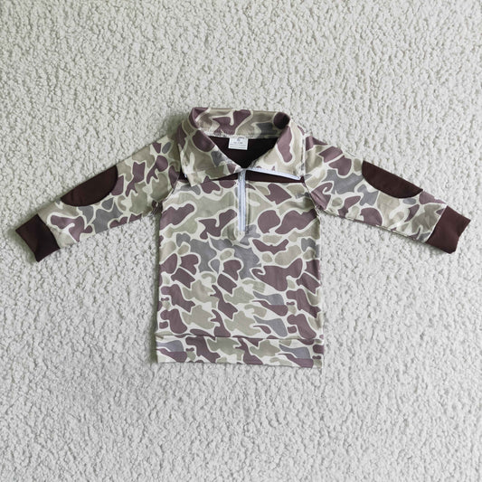 BT0029 Brown Camo Print Boys Long Sleeve Zipper Pullover Top