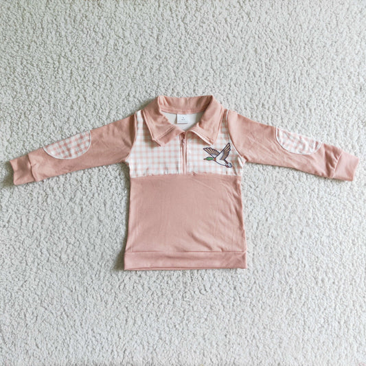 BT0034 Duck Pink Checkered Print Kids Zipper Long Sleeve Pullover Top