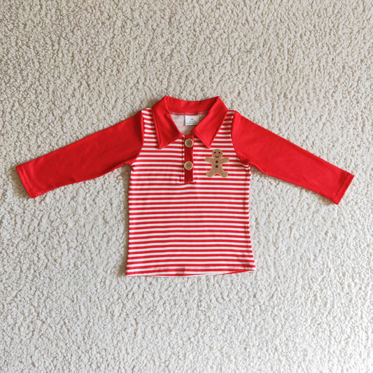 BT0040 Gingerbread Red Stripes Print Boys Christmas Polo Top