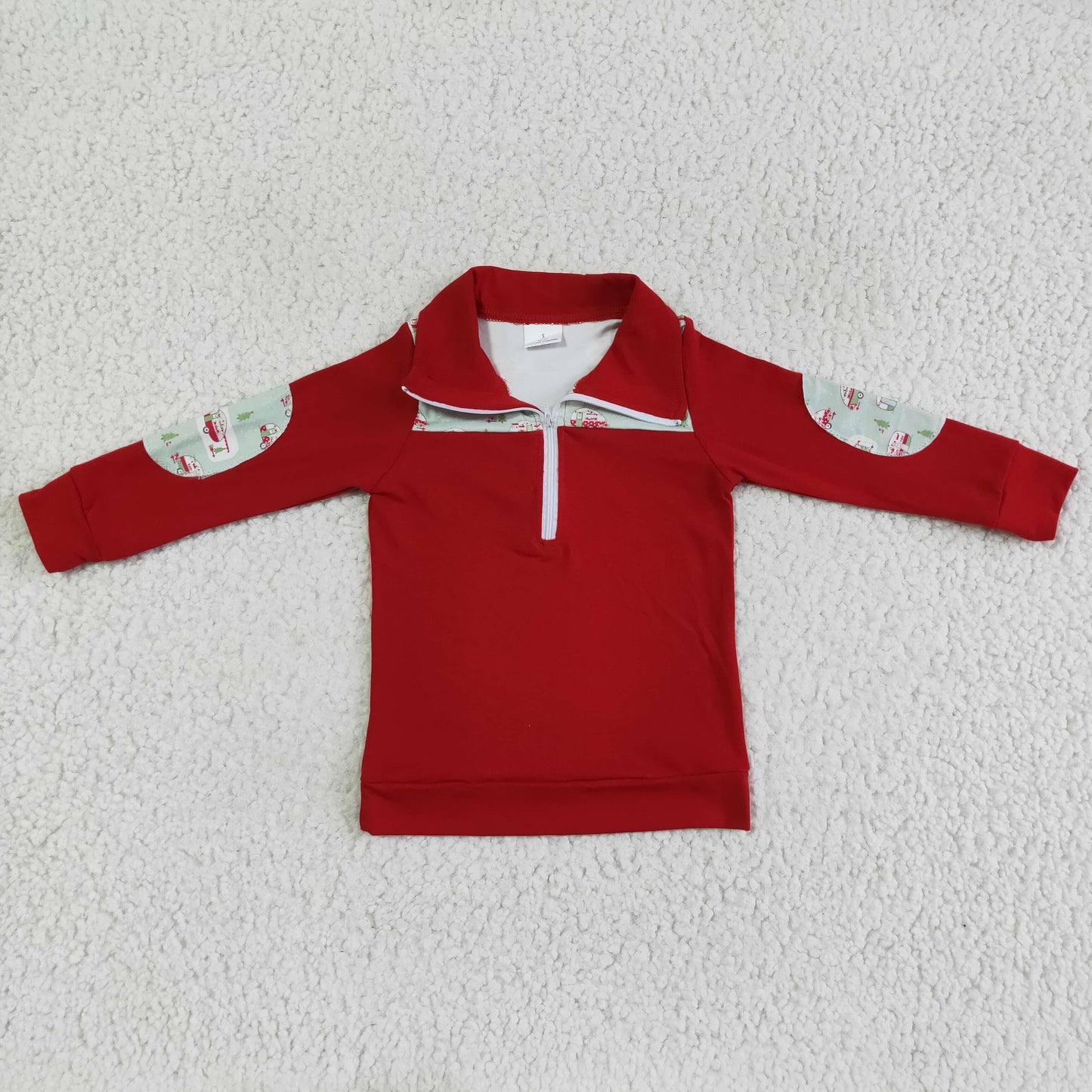 BT0047 Camping Tree Print Red Boys Christmas Long Sleeve Pullover Top