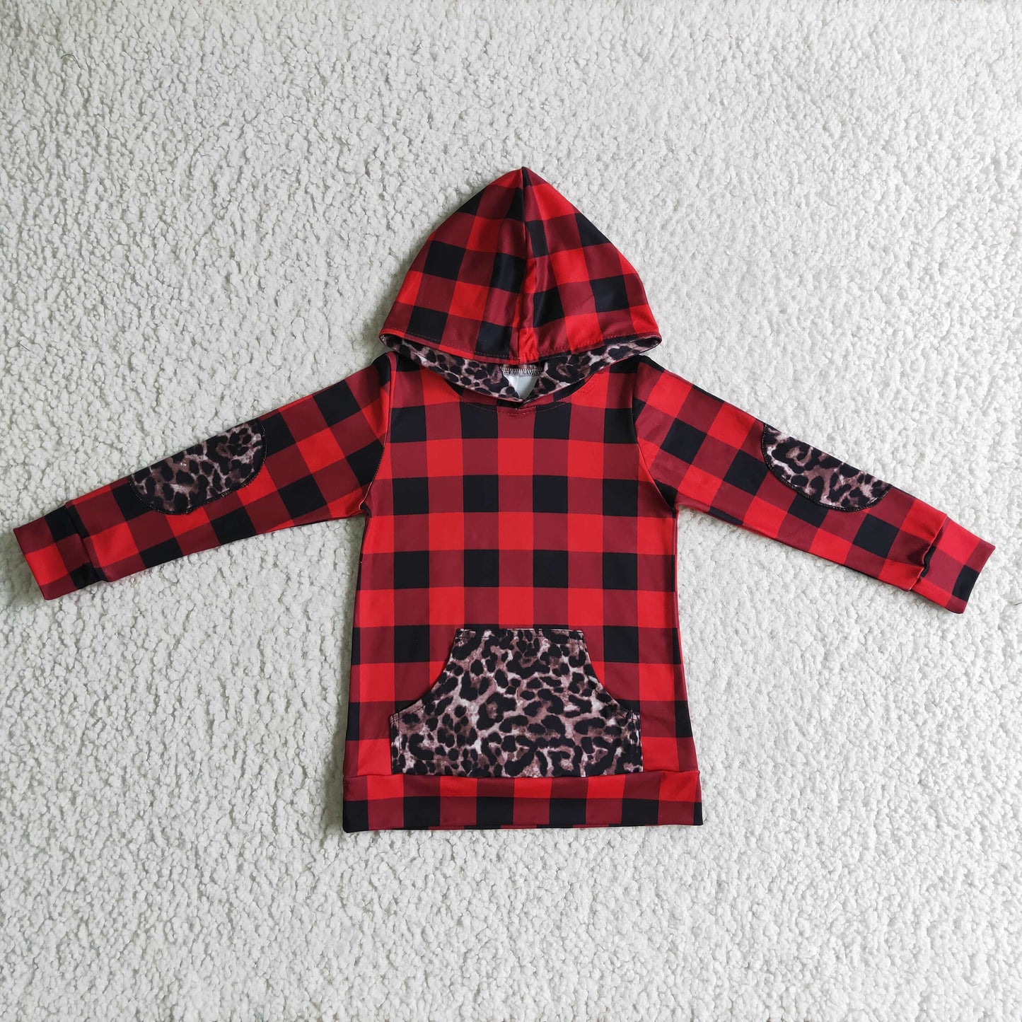 BT0048 Red Checkered Leopard Print Pocket Kids Christmas Hoodie Top
