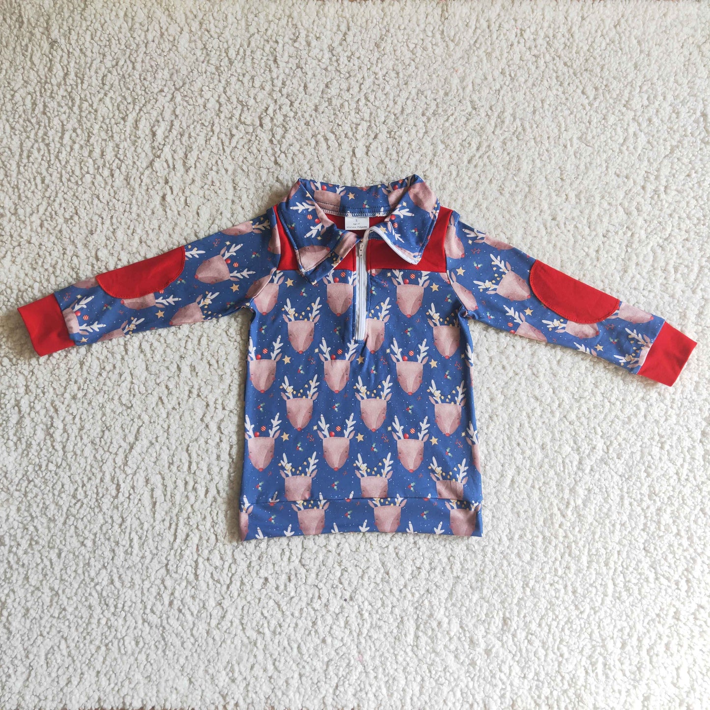 BT0071 Deer Print Boys Christmas Long Sleeve Pullover Top