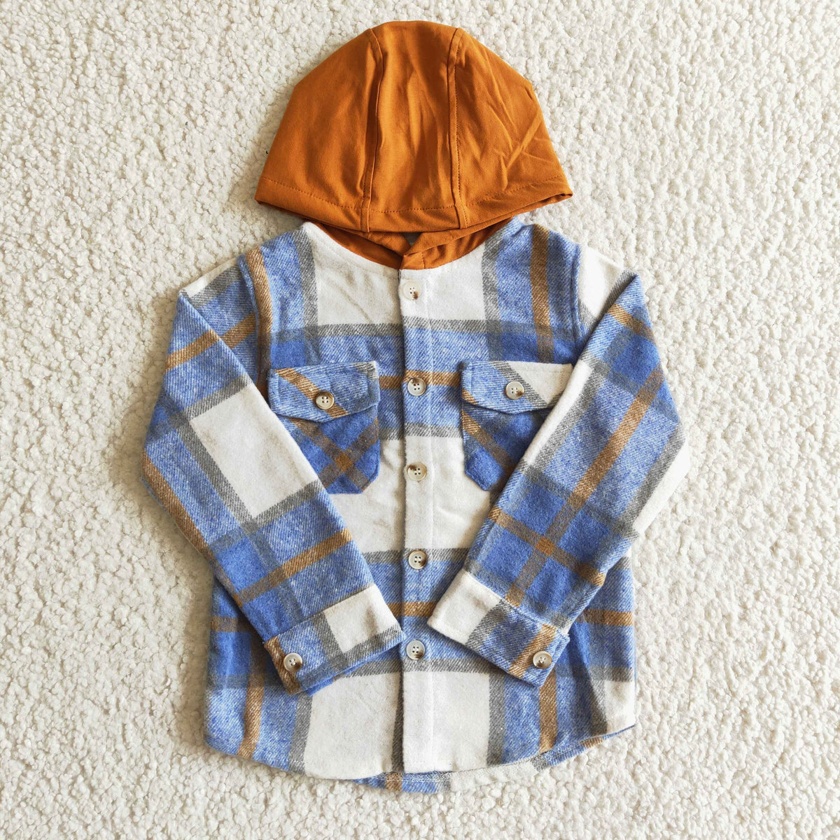 BT0074 Blue Checkered Print Boys Fall Cotton Pockets Hoodie Top