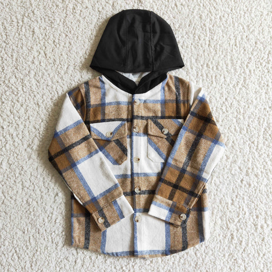 BT0076 Khaki Checkered Print Boys Fall Cotton Pockets Hoodie Top