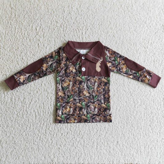 BT0078 Deer Branch Camo Print Boys Long Sleeve Buttons Pullover Top