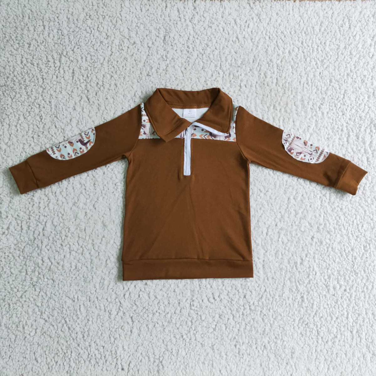 BT0087 Aztec Brown Print Boys Long Sleeve Zipper Pullover Top