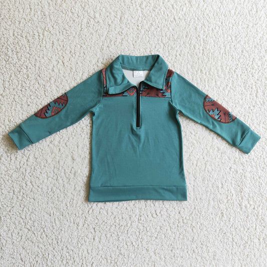 BT0093 Aztec Dark Blue Print Boys Zipper Long Sleeve Pullover Top
