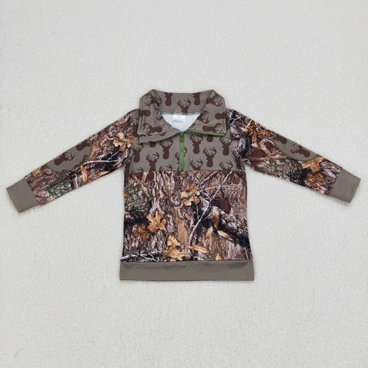BT0094 Deer Branch Print Boys Long Sleeve Zipper Pullover Top
