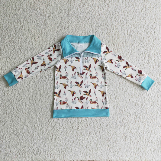 BT0095 Duck Blue Print Boys Long Sleeve Zipper Pullover Top
