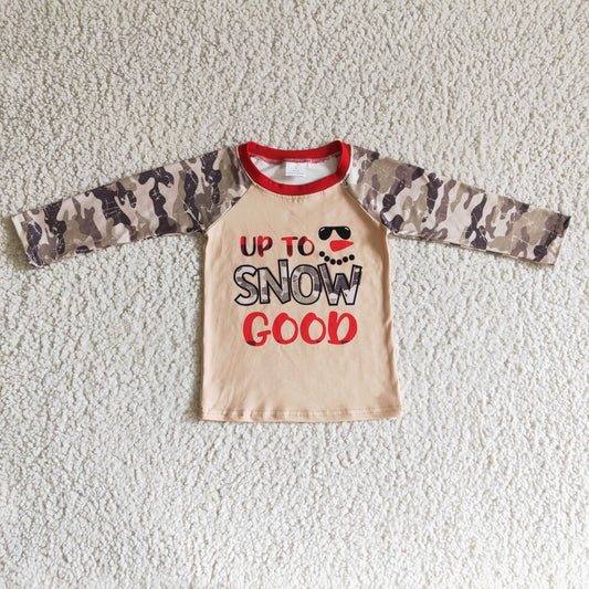 BT0097 Up To Snow Good Camo Print Boys Christmas Raglan Sleeve Tee Shirts Top