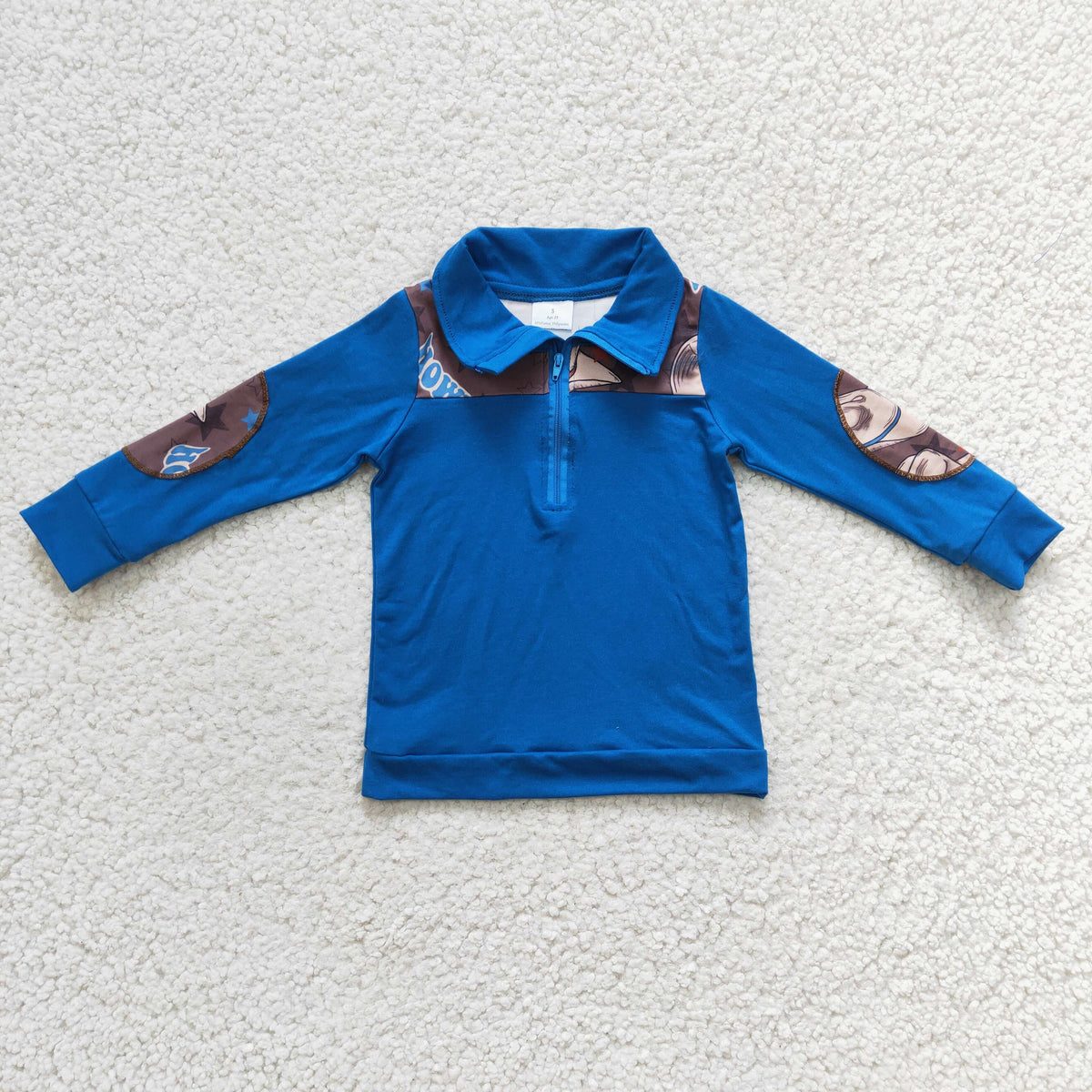 BT0101 Howdy Cowboy Hat Blue Print Boys Long Sleeve Zipper Pullover Top