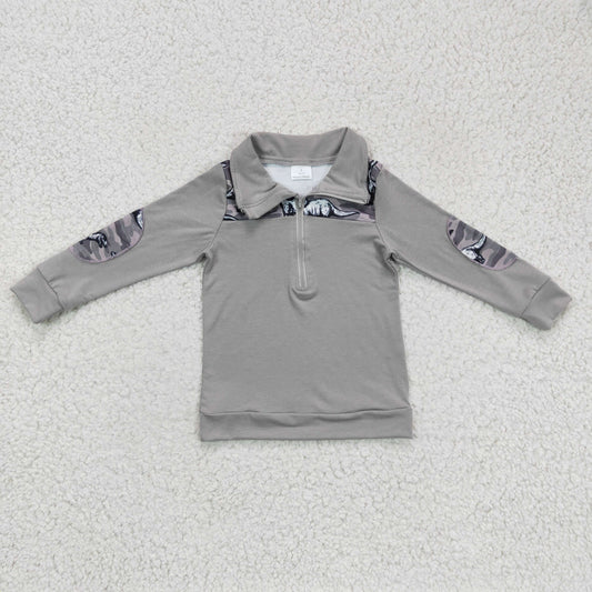 BT0106 Dino Camo Grey Print Boys Long Sleeve Zipper Pullover Top