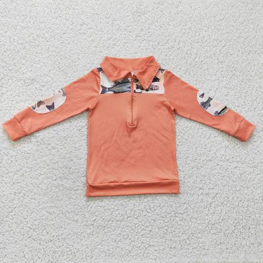 BT0128 Fish Peach Orange Print Boys Long Sleeve Zipper Pullover Top