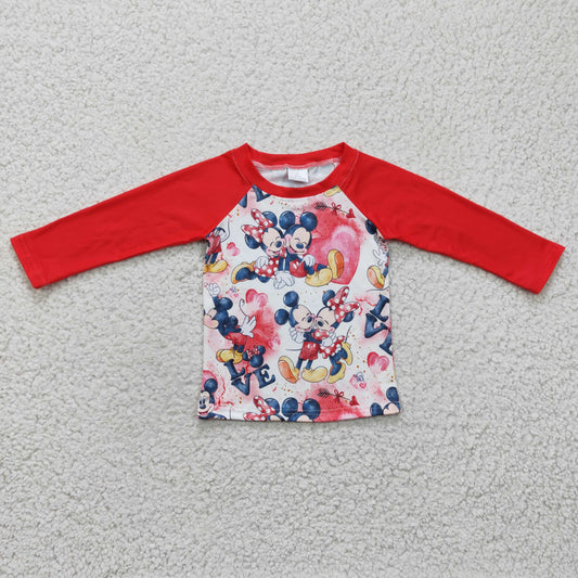 BT0157 Cartoon Mouse Hearts Print Boys Valentine's Day Raglan Sleeve Top