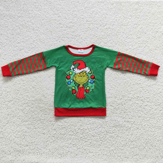 BT0245 Green Frog Stripes Print Boys Christmas Tee Shirts Top