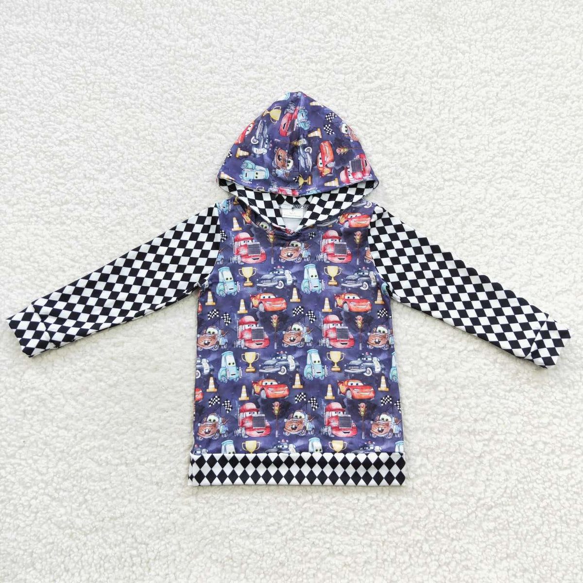 BT0253 Cartoon Car Checkered Print Boys Hoodie Top